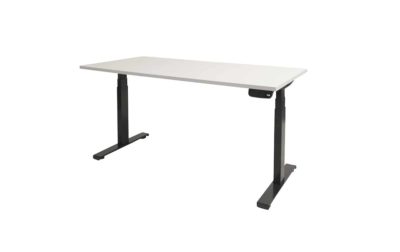 Dextro plus sit/stand 180x90cm, electrically height-adjustable workplace, T-leg frame. Frame color aluminum (RAL9006) and Havanna/Cherry-Light top. 